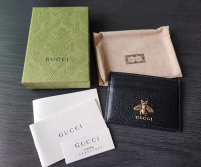 GUCCI Animalier Bee Leather Card Case Black 523685